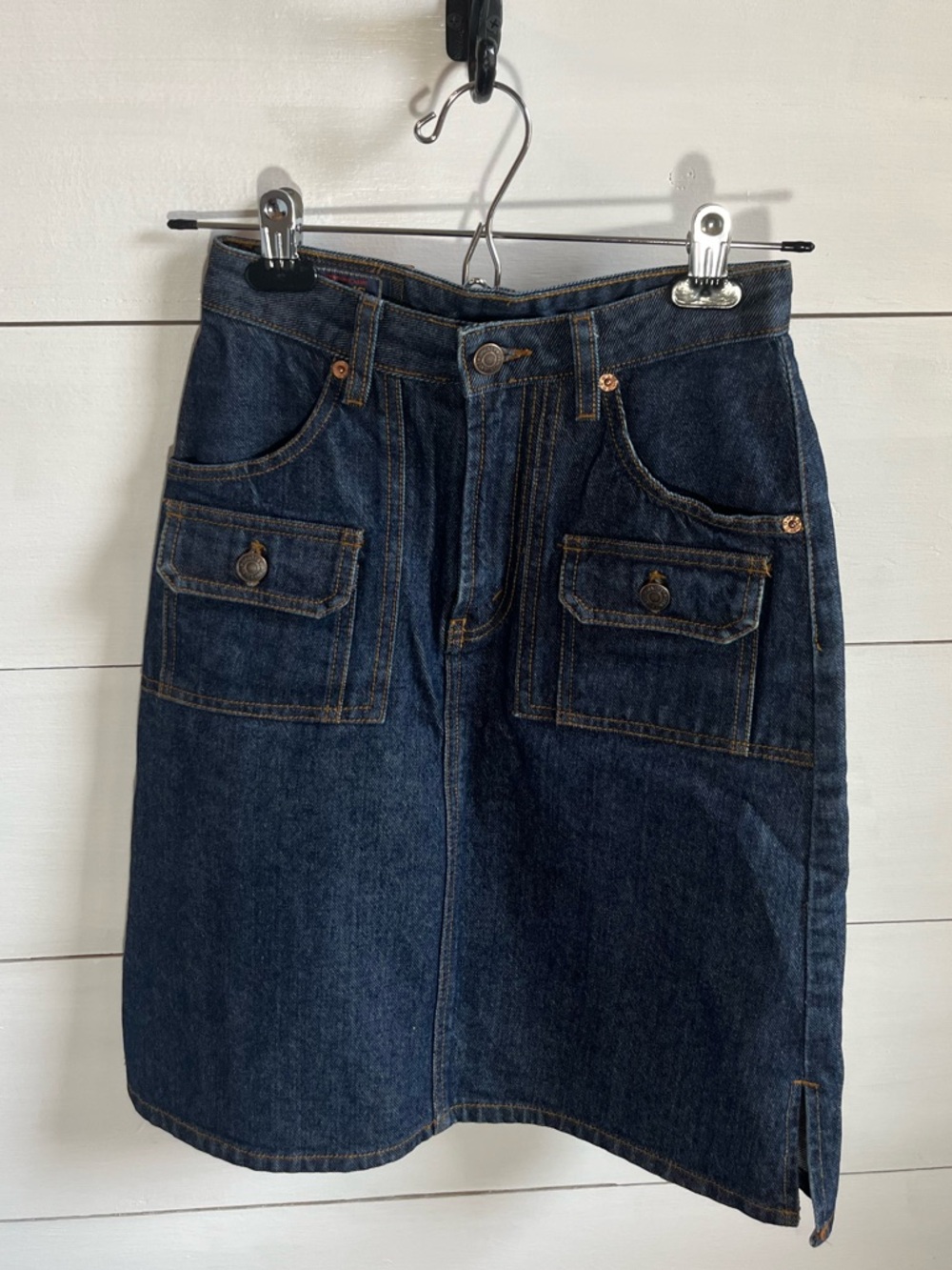 Wagnerβs Dark Wash Denim Skirt with Front Patch Pockets